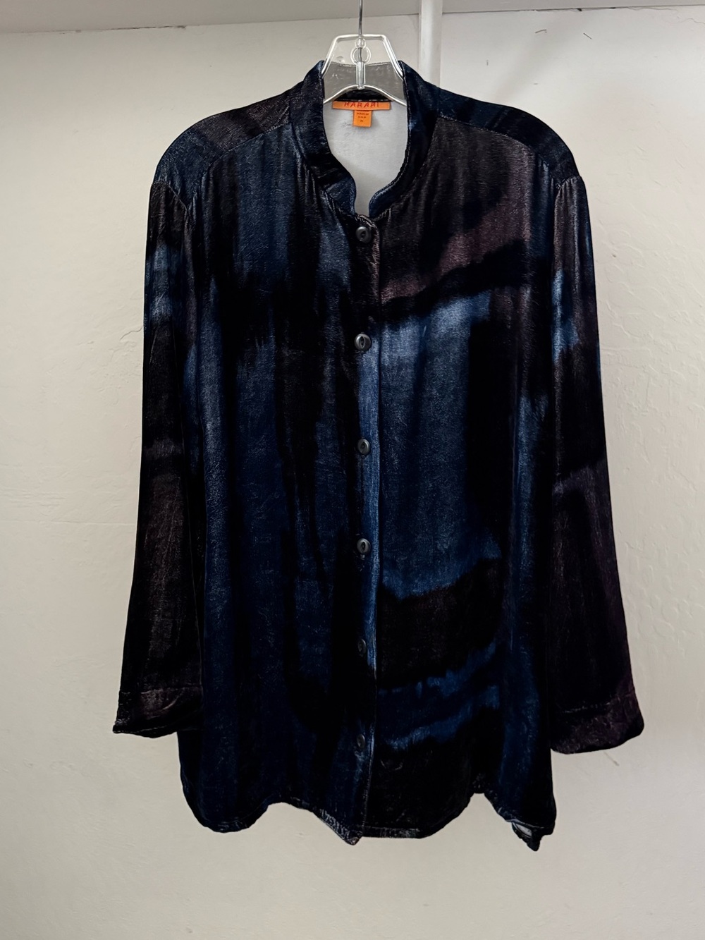 1990s Harari Deep Blue Tonal Rayon/Silk Velvet Mandarin Collar Shirt